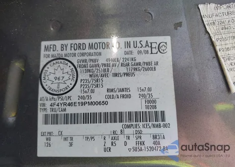 2009 Mazda B4000 Ds from USA, damaged, VIN 4F4YR46E19PM00650